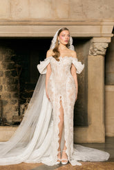 Chic Ivory Column Strapless Lace Off-The-Shoulder Beaded Sleeveless Wedding Dress With Slit